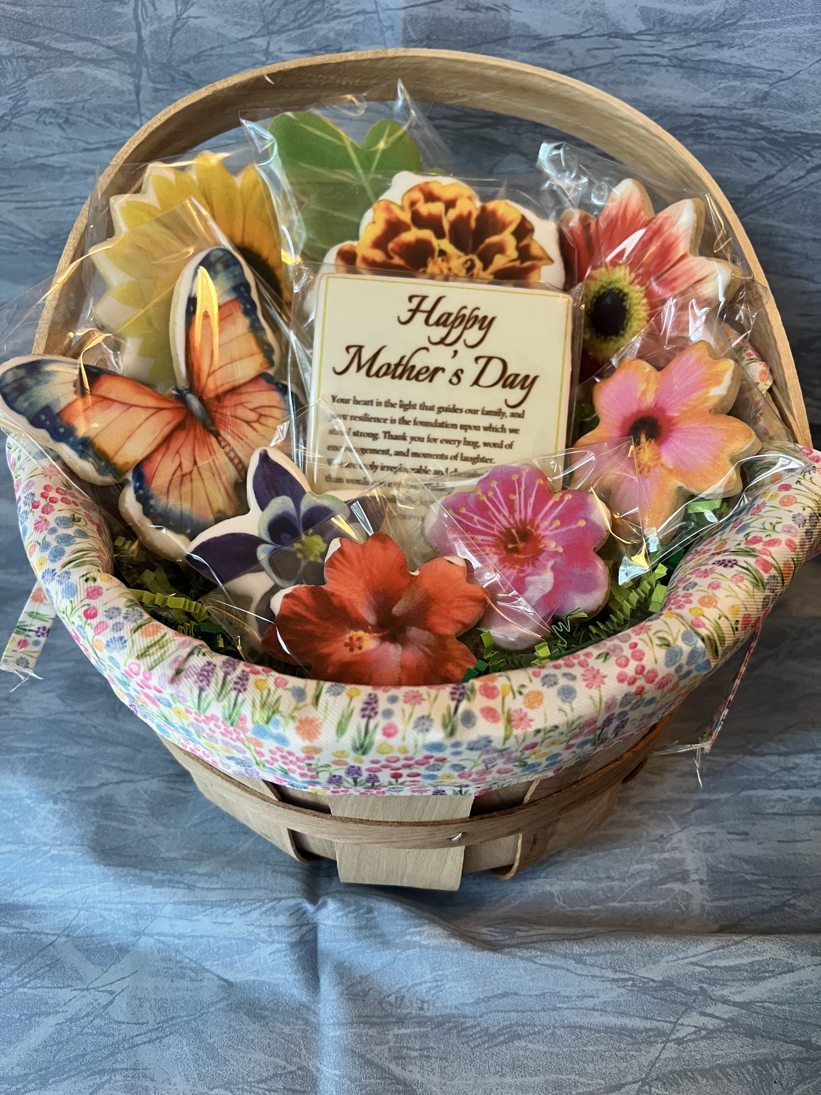 Mother's Day basket with floral decorations.