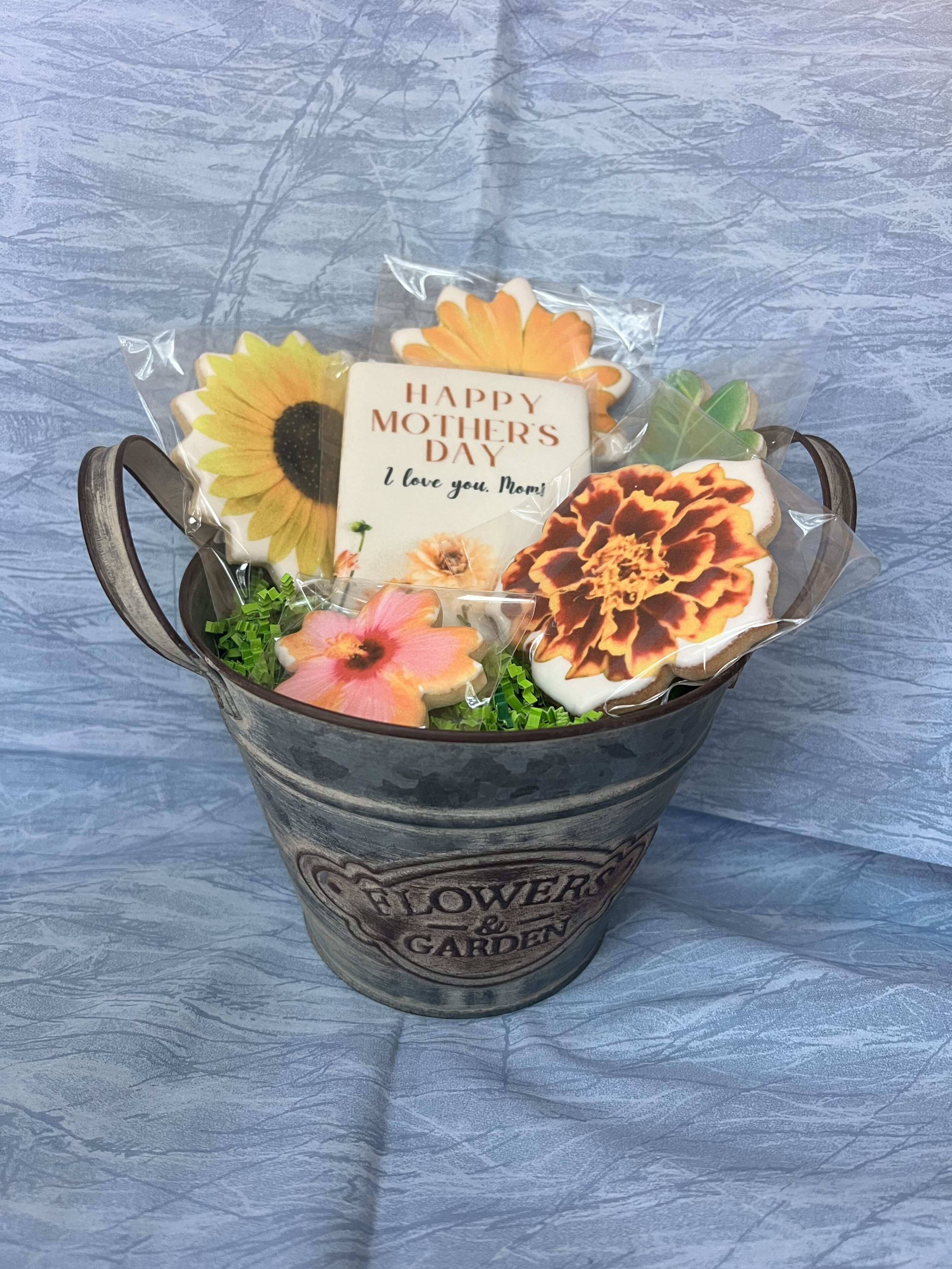 Mother's Day cookies in decorative bucket.